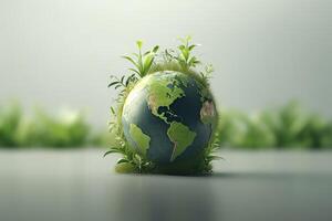 AI generated Green earth globe with plant growth to save the world - earth day conservation concept photo