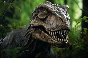 AI generated Majestic tyrannosaurus rex in lush jungle - prehistoric dinosaur roaming in natural habitat photo