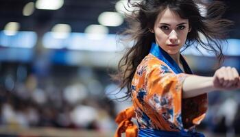 AI generated Asian woman in elegant kimono demonstrating martial arts with copy space on blurred background photo