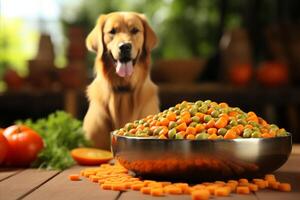 AI generated Labrador retriever dog enjoying a wholesome variety of food in a charming bowl photo