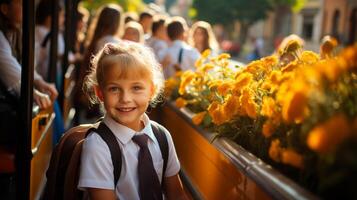 ai generado alegre pequeño niña sonriente mientras consiguiendo sobre colegio autobús, De vuelta a la escuela concepto foto