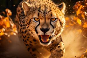 AI generated Majestic leopard sprinting in its serene natural habitat on thrilling safari exploration photo