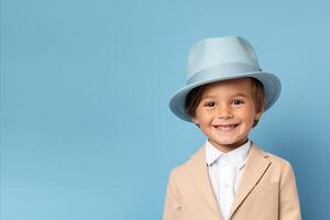ai generado sonriente pequeño chico vistiendo un elegante sombrero y traje, mirando a el cámara en azul antecedentes foto