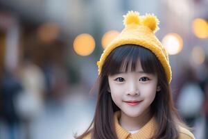 AI generated Cheerful asian girl wearing stylish hat with ample copy space for text and advertising photo