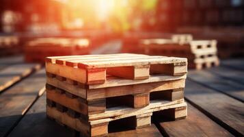 AI generated Wooden pallet stack in industrial warehouse, cargo shipping background with copy space photo