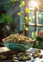 AI generated Pistachios in bowl on wooden table photo