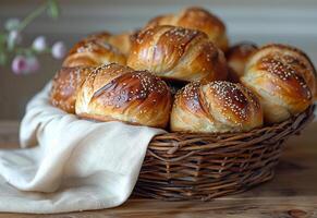 AI generated Homemade buns with sesame seeds in wicker basket on wooden table photo