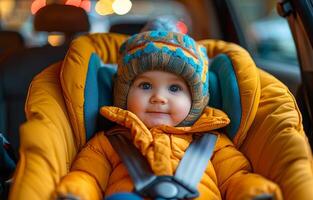 ai generado linda pequeño chico sentado en el coche asiento foto