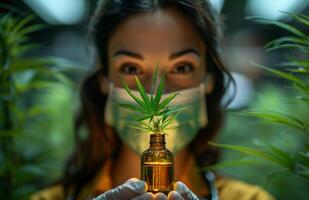 AI generated Scientist is holding cannabis plant in bottle. photo
