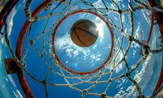 ai generado baloncesto yendo mediante el red con azul cielo y nubes en antecedentes foto