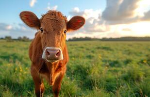 AI generated Young calf is looking at the camera in green pasture on sunny day photo