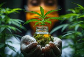 AI generated Scientist is holding jar of cannabis in her hands. photo