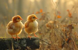 AI generated Two little chickens are sitting on stump in the morning sun photo