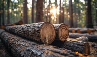 ai generado registros en el bosque. un apilar de cortar arboles en el bosque con un aplicación icono cubrir foto