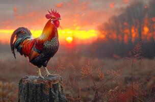 ai generado gallo canto en tocón a amanecer foto