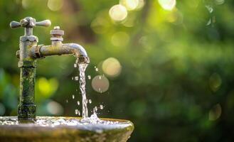 AI generated Water is coming out of the faucet with green bokeh background photo