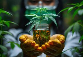 AI generated Scientist holding cannabis plant in jar photo