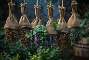 AI generated Fresh herbs and flowers hanging to dry in the garden. Natural medicine photo