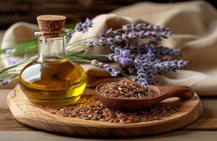 ai generado botella de esencial petróleo con Fresco lavanda leña menuda y seco linaza semillas en de madera cuchara foto