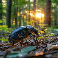 ai generado grande escarabajo gatea a lo largo el bosque piso a puesta de sol. foto