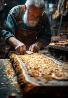 AI generated Old man is working with chisel and wood in his workshop photo