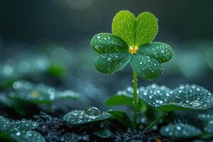 AI generated Green four leaf clover with dew on it and dark background photo