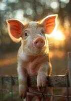 AI generated Young funny pig on farm. An image of a pig in the fence photo