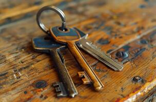 AI generated Two old keys on wooden table. A set of keys with a house on a wooden table photo