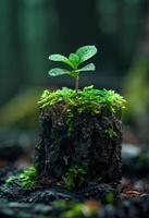 ai generado árbol es creciente en tocón en el bosque foto