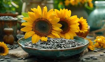 AI generated Sunflowers and sunflower seeds in bowl photo