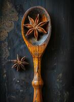 AI generated Star anise and wooden spoon on table photo