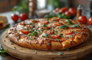 AI generated Delicious homemade pizza with tomatoes cheese and basil photo