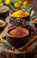 AI generated Spices for cooking with kitchen accessories on old background photo