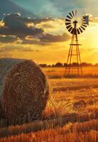 ai generado Paja fardos en tierras de cultivo con molino en el antecedentes y hermosa puesta de sol foto