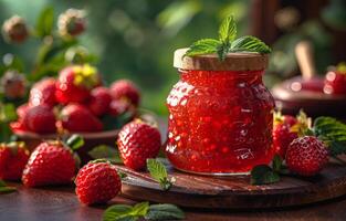 AI generated Strawberry jam in glass jar and fresh strawberries on wooden table photo