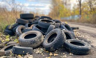 AI generated Old used tires dumped on the side of the road photo