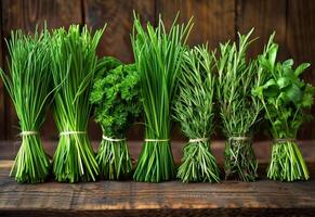 AI generated Fresh herbs on the wooden table photo