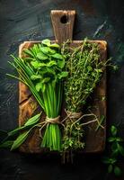 AI generated Fresh herbs and spices on cutting board photo