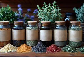 AI generated Various healing herbs and flowers in glass bottles on wooden table photo