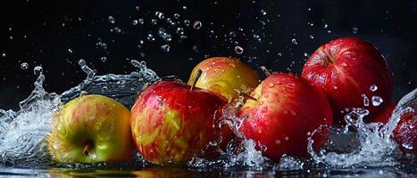 ai generado un varios manzanas con un chapoteo en claro agua vivamente de colores en contra un oscuro ajuste foto