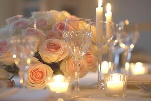 ai generado un romántico mesa ajuste para un alumbrado por velas cena adornado con suave rosado rosas y elegante cristalería foto