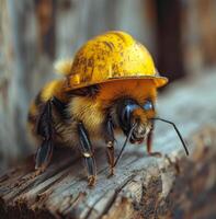 ai generado abeja es vistiendo amarillo casco. un abeja con un amarillo difícil sombrero en es sentado en madera foto