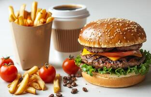 ai generado hamburguesa francés papas fritas café y papel taza en blanco antecedentes foto