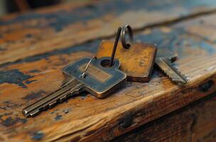 AI generated Three old keys on wooden table photo