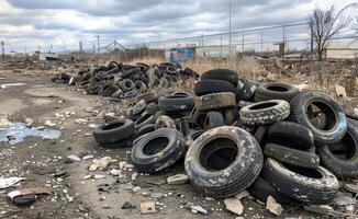 ai generado antiguo llantas objeto de dumping en el depósito de chatarra foto