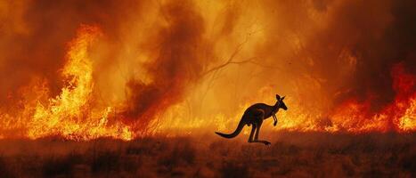 AI generated A lone kangaroo bounds away from the intense flames and smoke of a raging Australian bushfire. photo