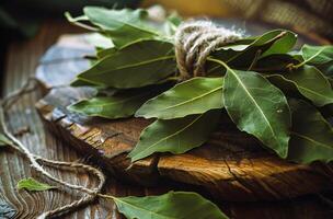 AI generated Bay leaves on wooden board and rope photo