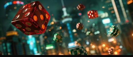 AI generated A Red dice soaring through the air with poker chips and a smoky cityscape background photo