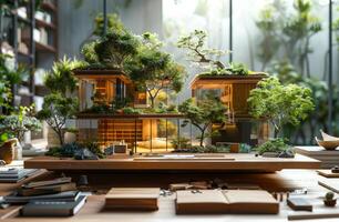 AI generated Miniature house. House in the jungle on desk 3d rendering photo