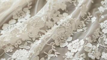 AI generated A Close-up of white floral lace fabric showcasing the intricate details and texture photo